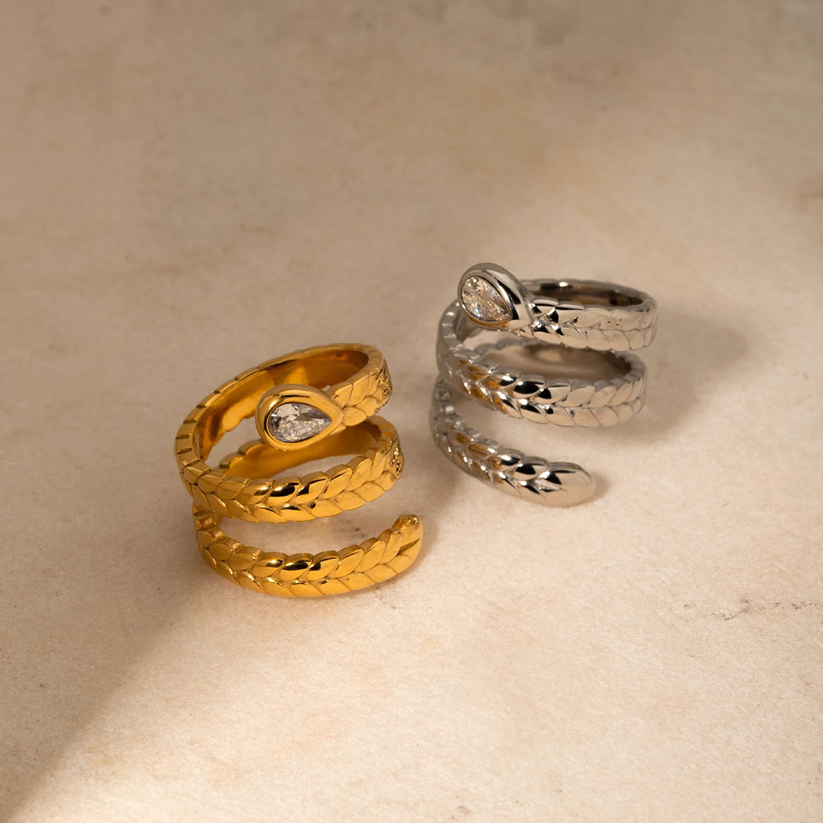 18K Gold Plated Snake Wrap Ring with Crystal – Adjustable, Waterproof & Tarnish-Free (Gold & Silver)
