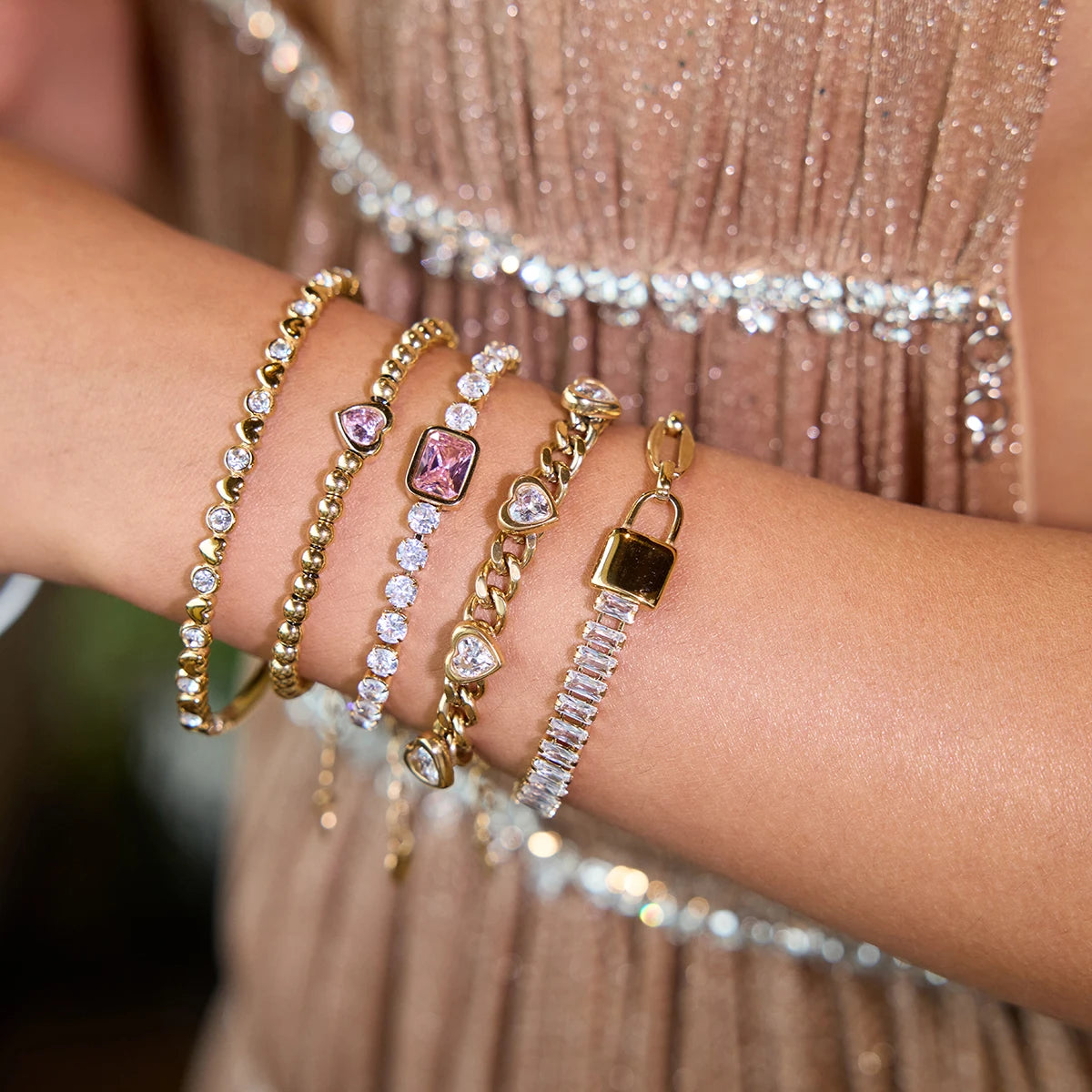 Gold Crystal Bracelet Stack for Women | Waterproof Gold Plated Statement Jewellery