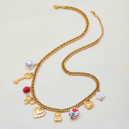Goudkleurige Charmeketting voor Dames – Dikke Ketting met Hart-, Parel- & Teddybedel