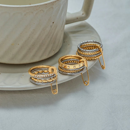 Edgy Safety Pin Stackable Ring Set | Mixed Metal Gold & Silver Tone Stainless Steel