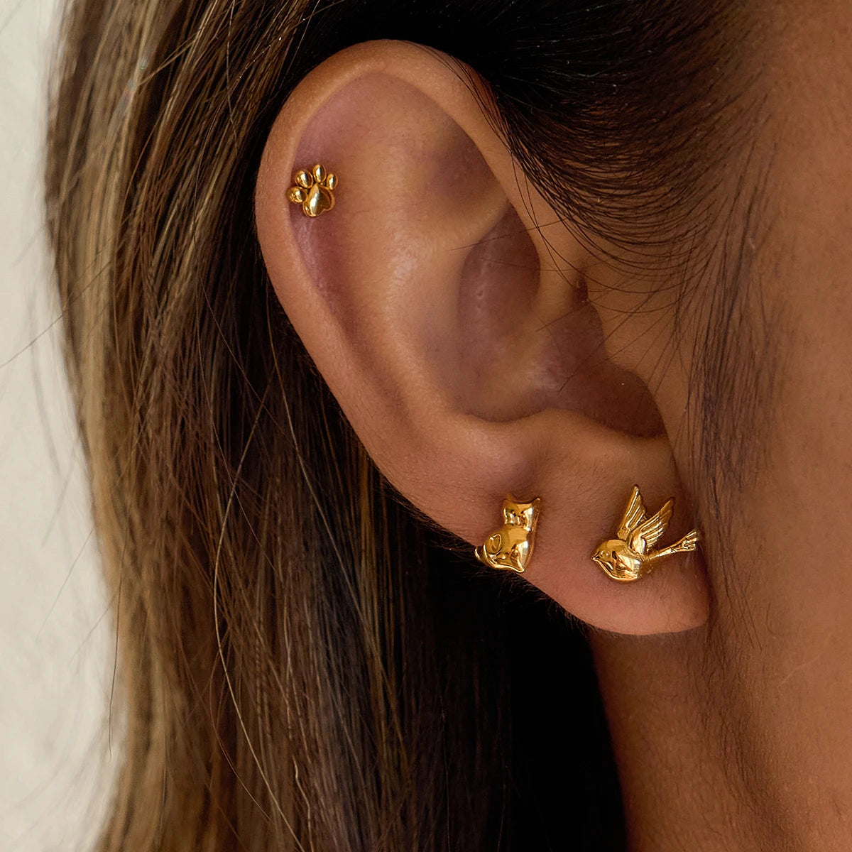 Leuke Kattenpoot Vogel Oorbellen voor Vrouwen 3 Paar/Set 18K Vergulde Roestvrijstalen Oorbellen Mode Sieraden Meisjes Cadeau