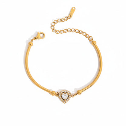 18K Verguld CZ Charm Armband Set van 2 | Waterdichte Bangle & Kettingarmband met Hart & Vierkant Kristal | Delicate Stapelarmbanden Set