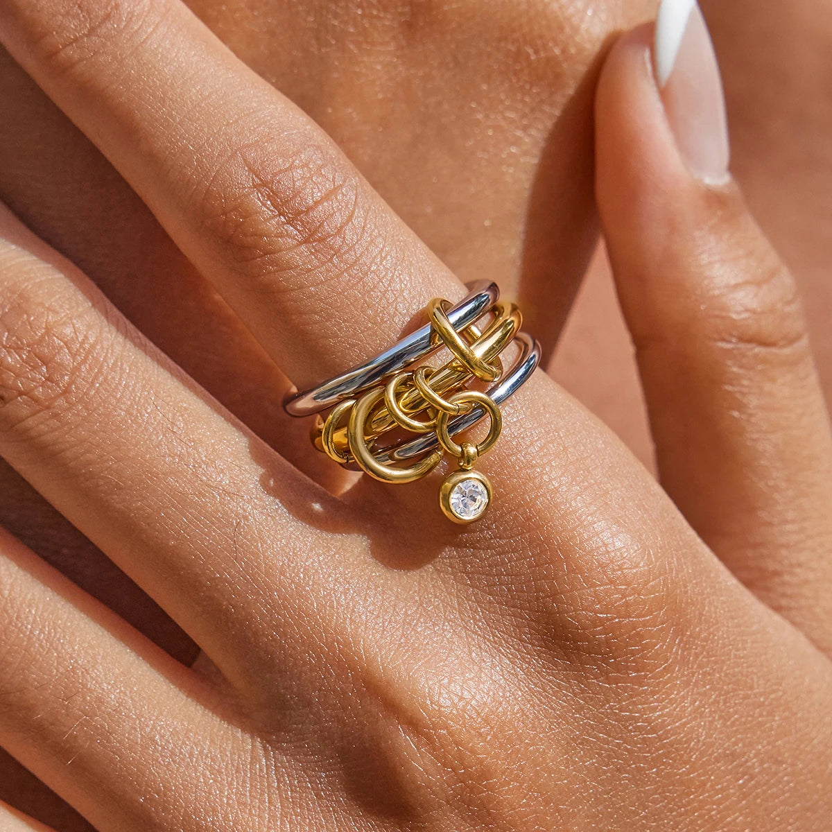 Multi-Band Dangle Charm Ring | Chunky Two-Tone or 18 K Gold Stackable Statement Ring | CZ Drop Waterproof Stainless Steel Jewelry