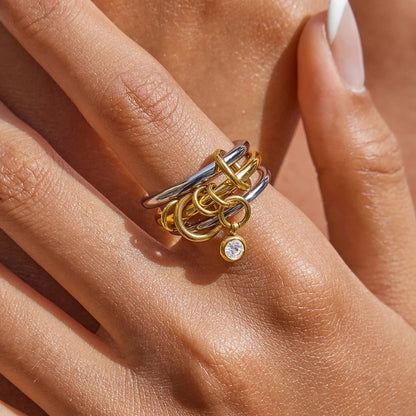 Multi-Band Dangle Charm Ring | Chunky Two-Tone or 18 K Gold Stackable Statement Ring | CZ Drop Waterproof Stainless Steel Jewelry