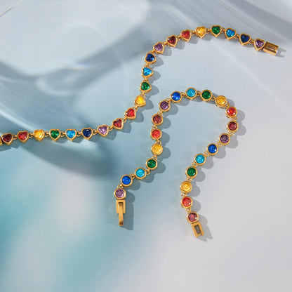 18K Gold Plated Rainbow Multicolour Crystal Tennis Bracelet | Waterproof Bezel Set Colourful CZ Bracelet | Available in Round & Heart Cut Stones