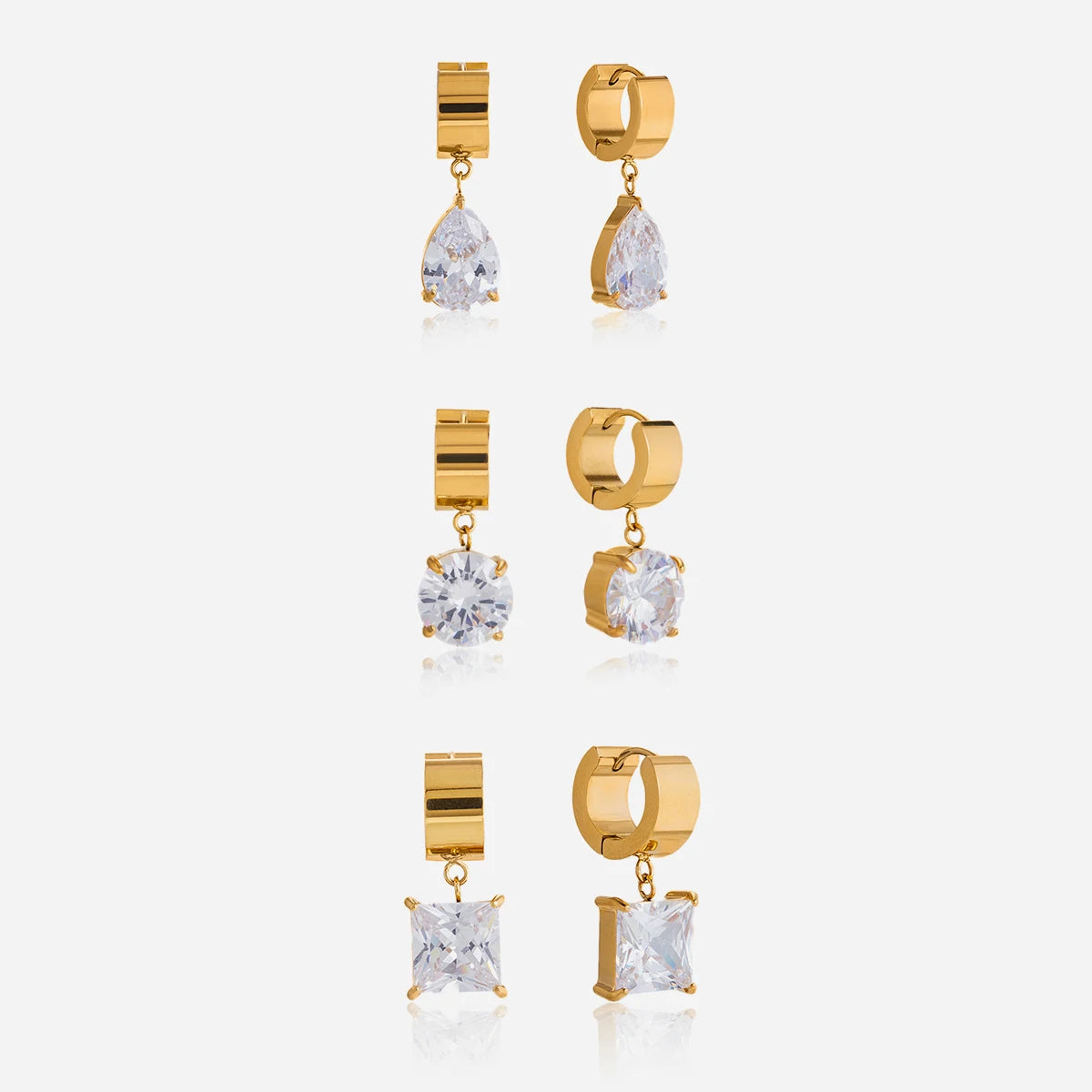 18K Gold Plated CZ Drop Huggie Hoop Earrings | Waterproof Pear, Round & Princess Cut Crystal Dangle Earrings | Diamond Style Gift Set
