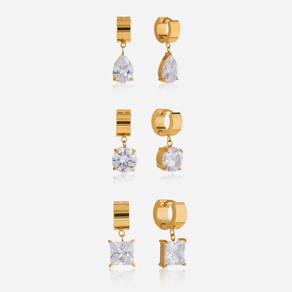 18K Gold Plated CZ Drop Huggie Hoop Earrings | Waterproof Pear, Round & Princess Cut Crystal Dangle Earrings | Diamond Style Gift Set