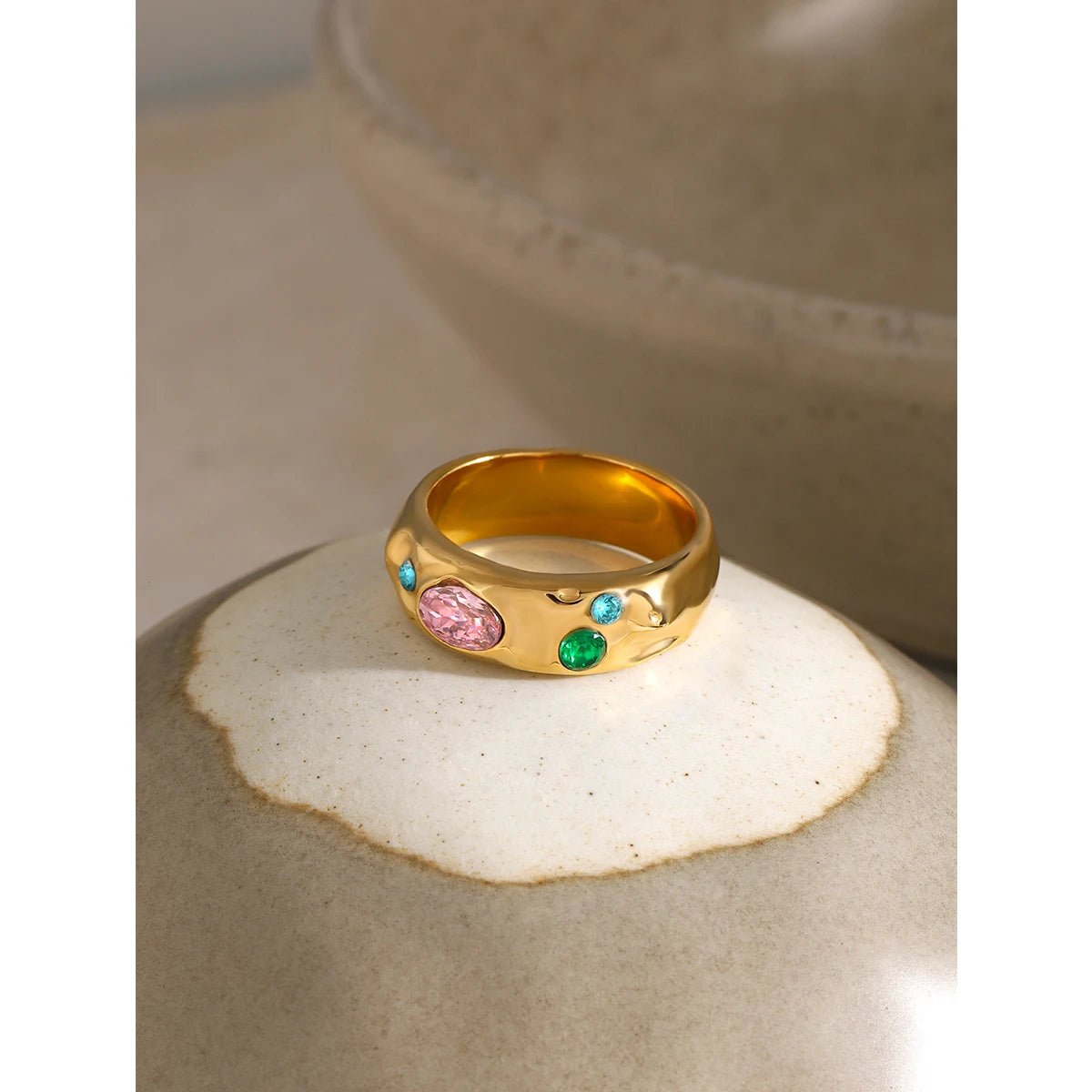 18K Gold Plated Wide Band Gemstone Ring – Waterproof, Tarnish-Free Statement Jewellery (Gold & Silver)