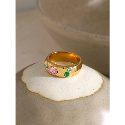 18K Gold Plated Wide Band Gemstone Ring – Waterproof, Tarnish-Free Statement Jewellery (Gold & Silver)