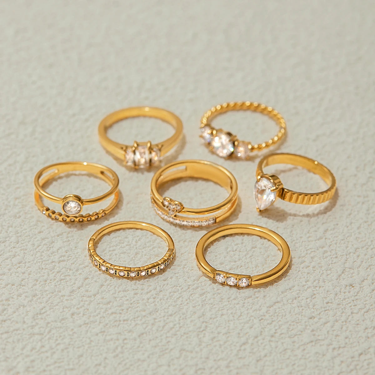 18K Gold Plated Crystal Ring Set of 6 | Waterproof Stackable Ring Stack | CZ Diamond Style Gold Ring Collection