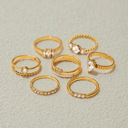 18K Gold Plated Crystal Ring Set of 6 | Waterproof Stackable Ring Stack | CZ Diamond Style Gold Ring Collection