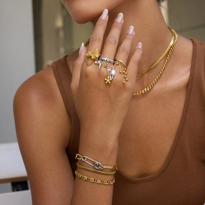 Chic & Trendy Dangle Charm Ring Set - Stackable Gold and Silver Stainless Steel