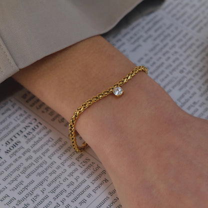 18K Gold Plated Wheat Chain Bracelet with Solitaire CZ | Waterproof Braided Rope Chain Bracelet | Dainty Diamond Style Gold Bracelet