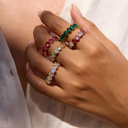 Luxurious Gold Plated Ruby Eternity Ring | Stackable Pink Gemstone Band | Dainty Full Circle Jewelry for Women