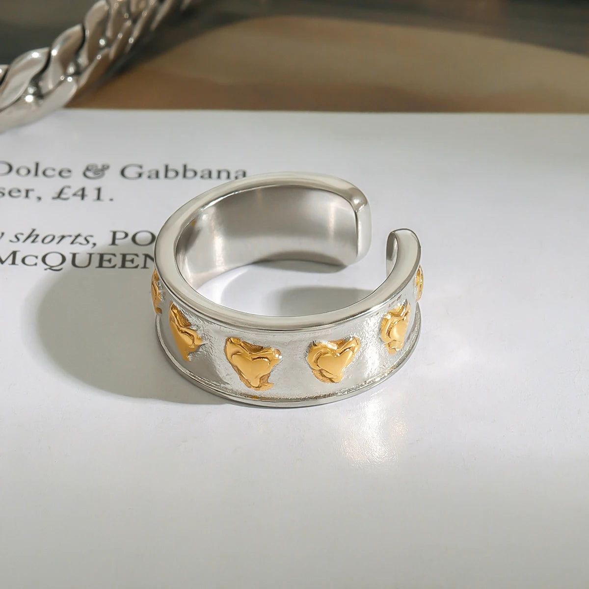 18K Gold Plated Two-Tone Heart Cuff Ring – Waterproof, Tarnish-Free Statement Jewellery