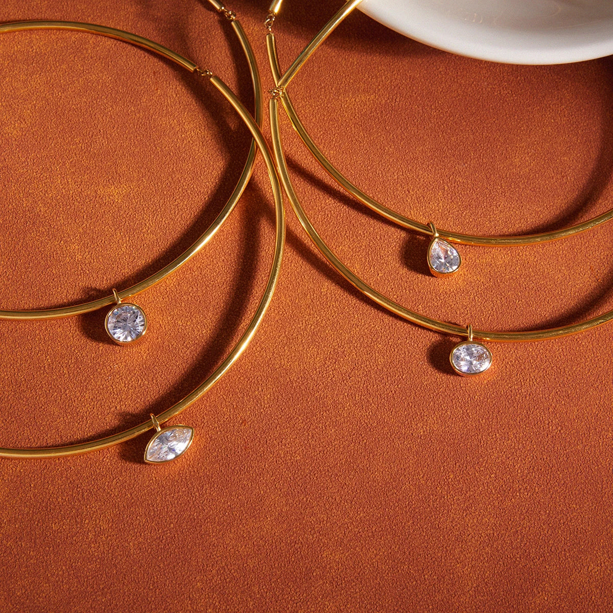 18K Gold Plated Rigid Choker Necklace with CZ Charm | Waterproof Minimalist Gold Tube Collar Necklace | Available in Round, Oval, Marquise & Pear Cut