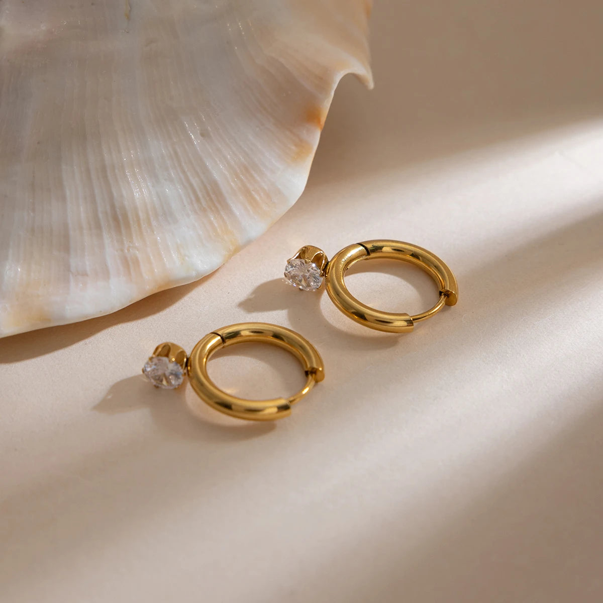 18K Gold Plated Huggie Hoop Earrings with Solitaire CZ Drop | Waterproof Round Brilliant Crystal Dangle Hoop Earrings | Minimalist Diamond Style Earrings