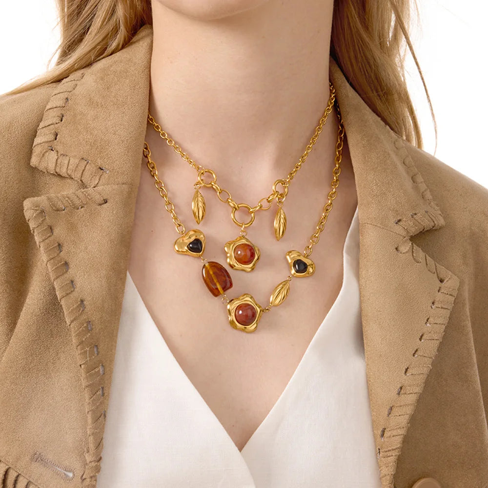 Vintage Agaat Hars Hanger 18K Vergulde Charm Ketting Collectie – Waterdichte, Vlekbestendige Statement Sieraden
