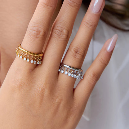 Dainty Dangle Charm Ring | 18K Gold Plated Tassel Ring with CZ Stones | Adjustable Waterproof Fashion Jewelry for Women