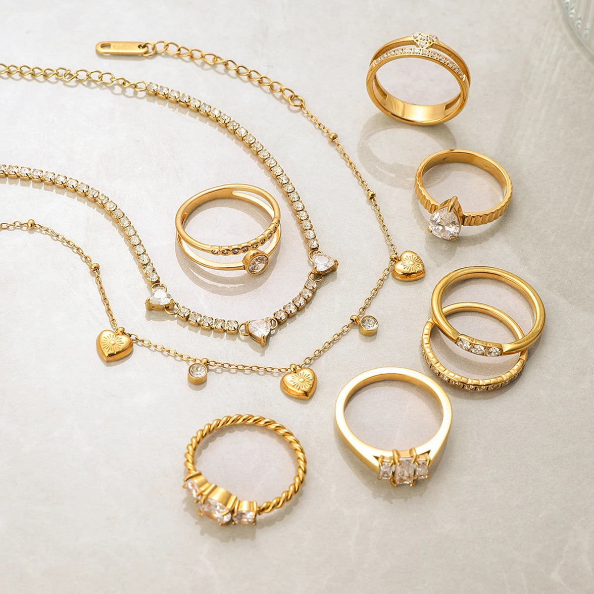 18K Gold Plated Crystal Ring Set of 6 | Waterproof Stackable Ring Stack | CZ Diamond Style Gold Ring Collection