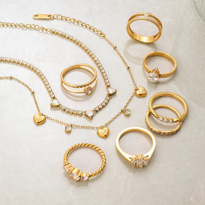 18K Gold Plated Crystal Ring Set of 6 | Waterproof Stackable Ring Stack | CZ Diamond Style Gold Ring Collection