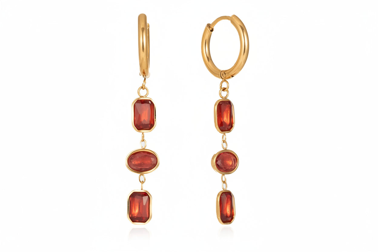 18K Gold Plated Triple White & Red Crystal Drop Earrings | Waterproof Bezel Set CZ Dangle Huggie Hoop Earrings | Diamond Style Drop Earrings