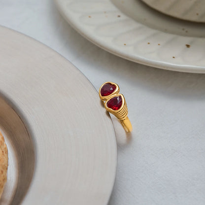 18K Gold Plated Double Red Heart Crystal Ring | Waterproof Toi et Moi Statement Ring | Bezel Set Heart Ring