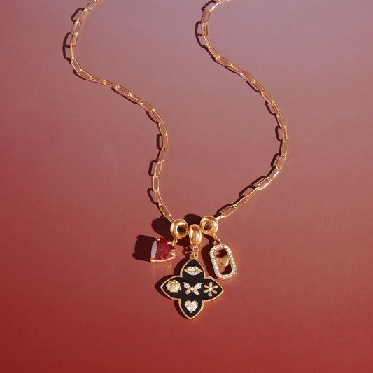 18K Gold Plated Multi-Charm Paperclip Chain Necklace | Waterproof Black Enamel Floral & Red Heart Crystal Charm Necklace | Bold Statement Necklace