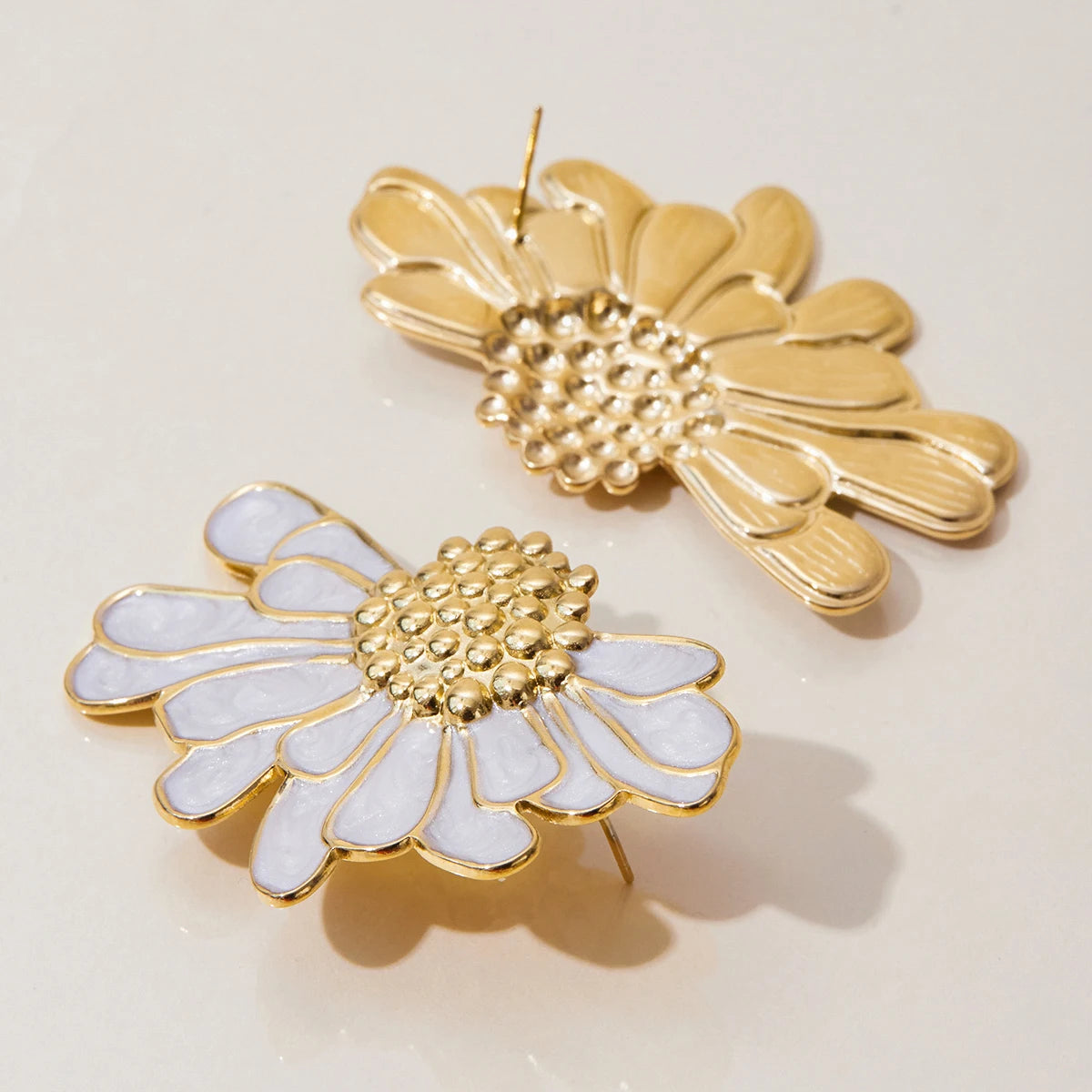 18K Gold Plated Floral Stud Earrings Set for Women – Waterproof Tarnish Free Stainless Steel Jewellery (Pink & White Variants)