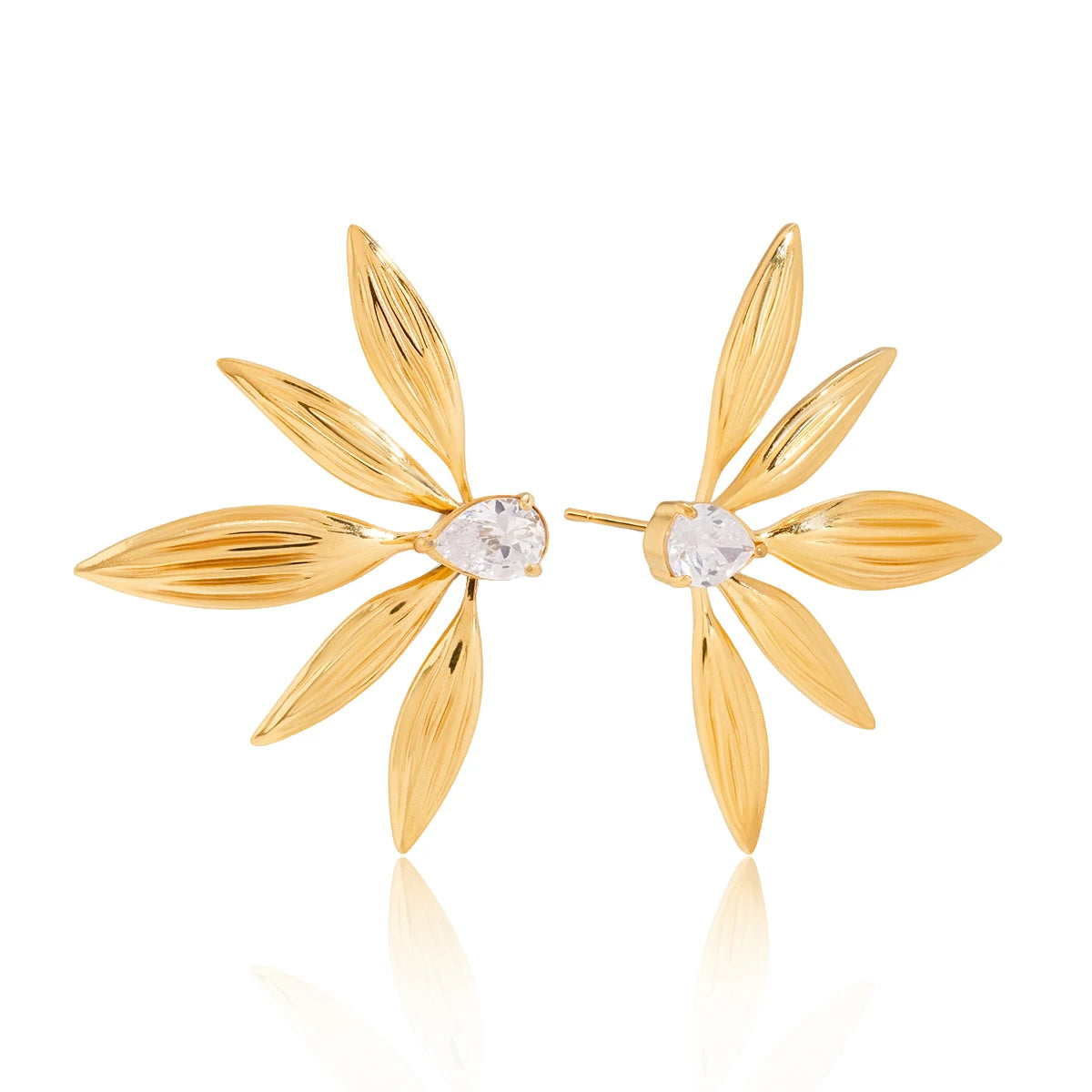 18K Gold Plated Leaf Stud Earrings for Women – Waterproof Tarnish Free Stainless Steel Crystal Jewellery
