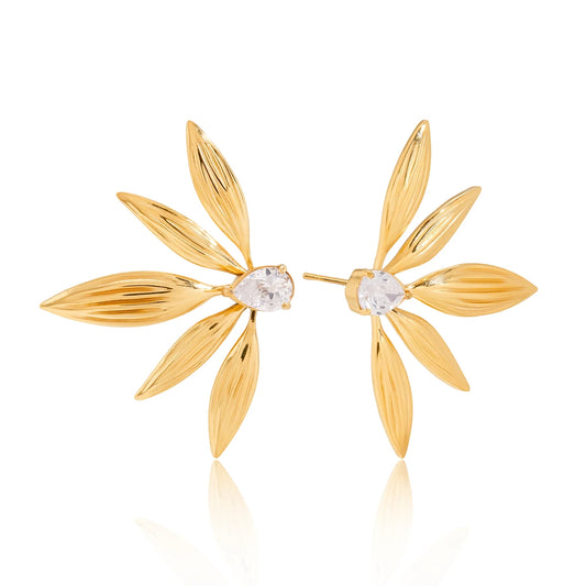 18K Gold Plated Leaf Stud Earrings for Women – Waterproof Tarnish Free Stainless Steel Crystal Jewellery