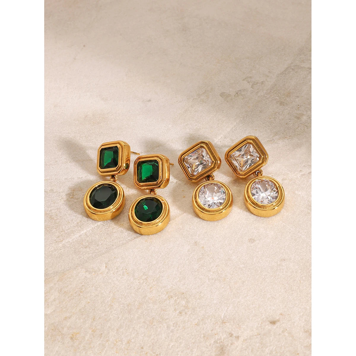 18K Gold Plated Geometric Drop Earrings for Women – Waterproof Tarnish Free Stainless Steel (Green or Clear Stone)