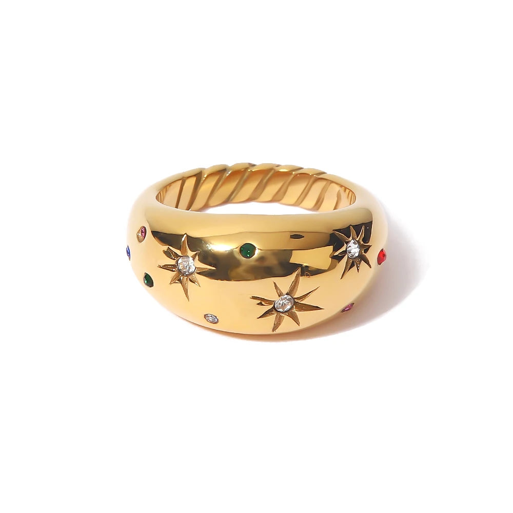 18K Gold Plated Celestial Star Dome Ring | Multicolour Crystal Starburst Ring | Waterproof Chunky Gold Band