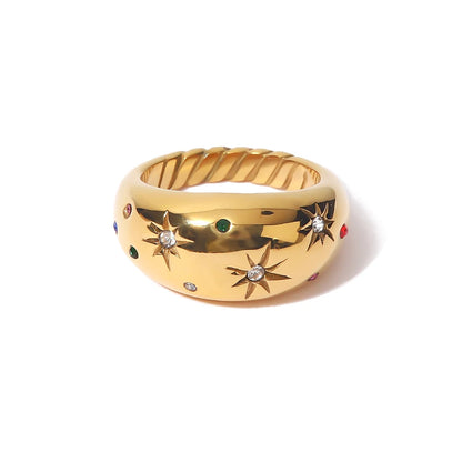 18K Gold Plated Celestial Star Dome Ring | Multicolour Crystal Starburst Ring | Waterproof Chunky Gold Band