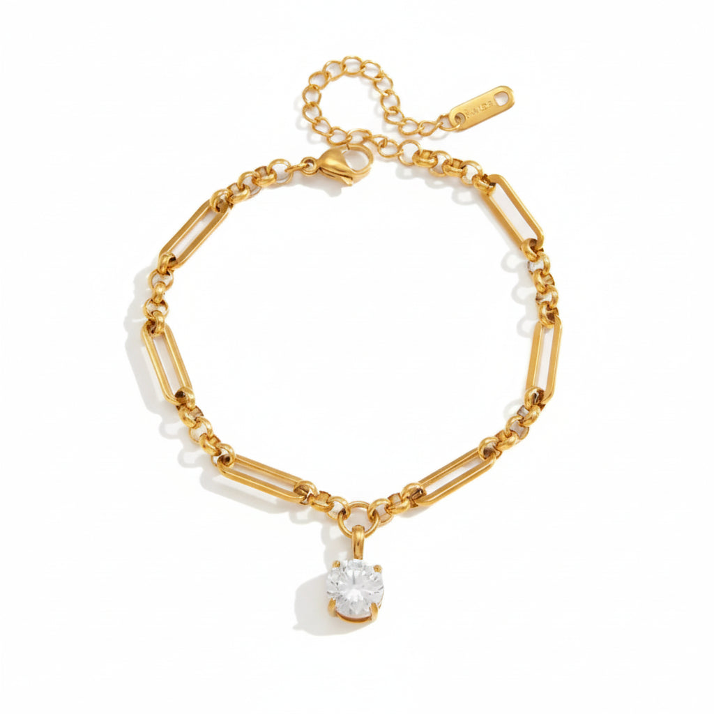 18K Gold Plated Paperclip Chain Bracelet with CZ Charm | Waterproof Mixed Link Chain Bracelet | Available in Heart, Round & Cushion Cut
