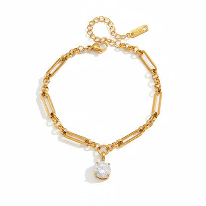 18K Gold Plated Paperclip Chain Bracelet with CZ Charm | Waterproof Mixed Link Chain Bracelet | Available in Heart, Round & Cushion Cut