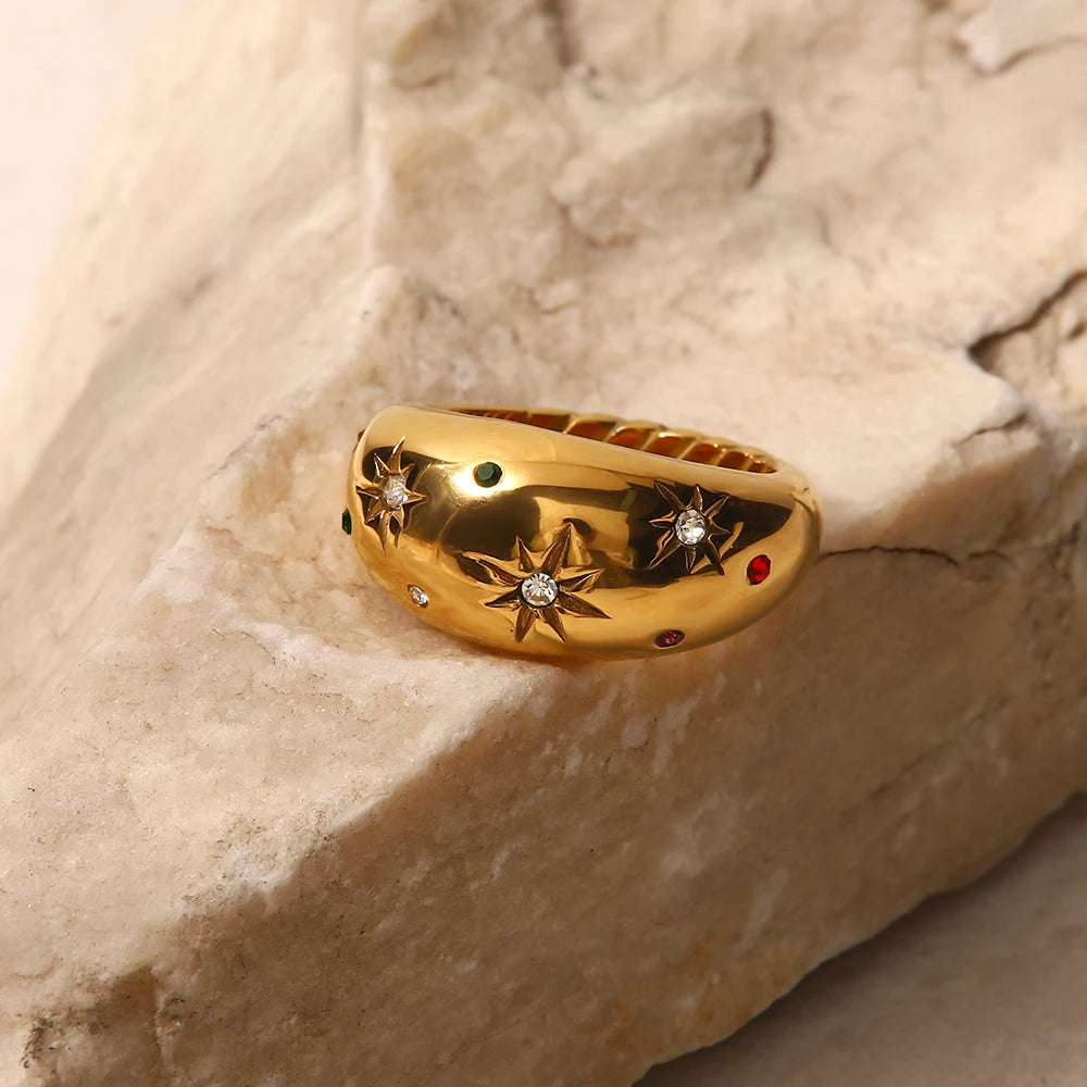 18K Gold Plated Celestial Star Dome Ring | Multicolour Crystal Starburst Ring | Waterproof Chunky Gold Band