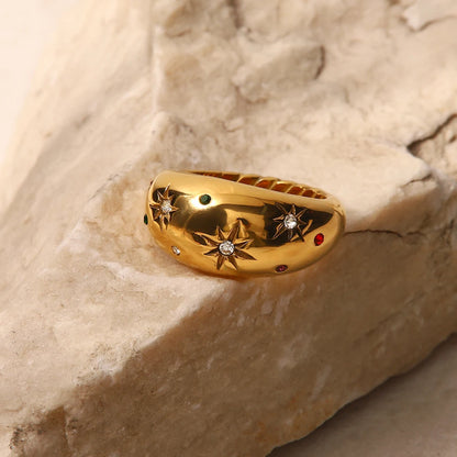 18K Gold Plated Celestial Star Dome Ring | Multicolour Crystal Starburst Ring | Waterproof Chunky Gold Band