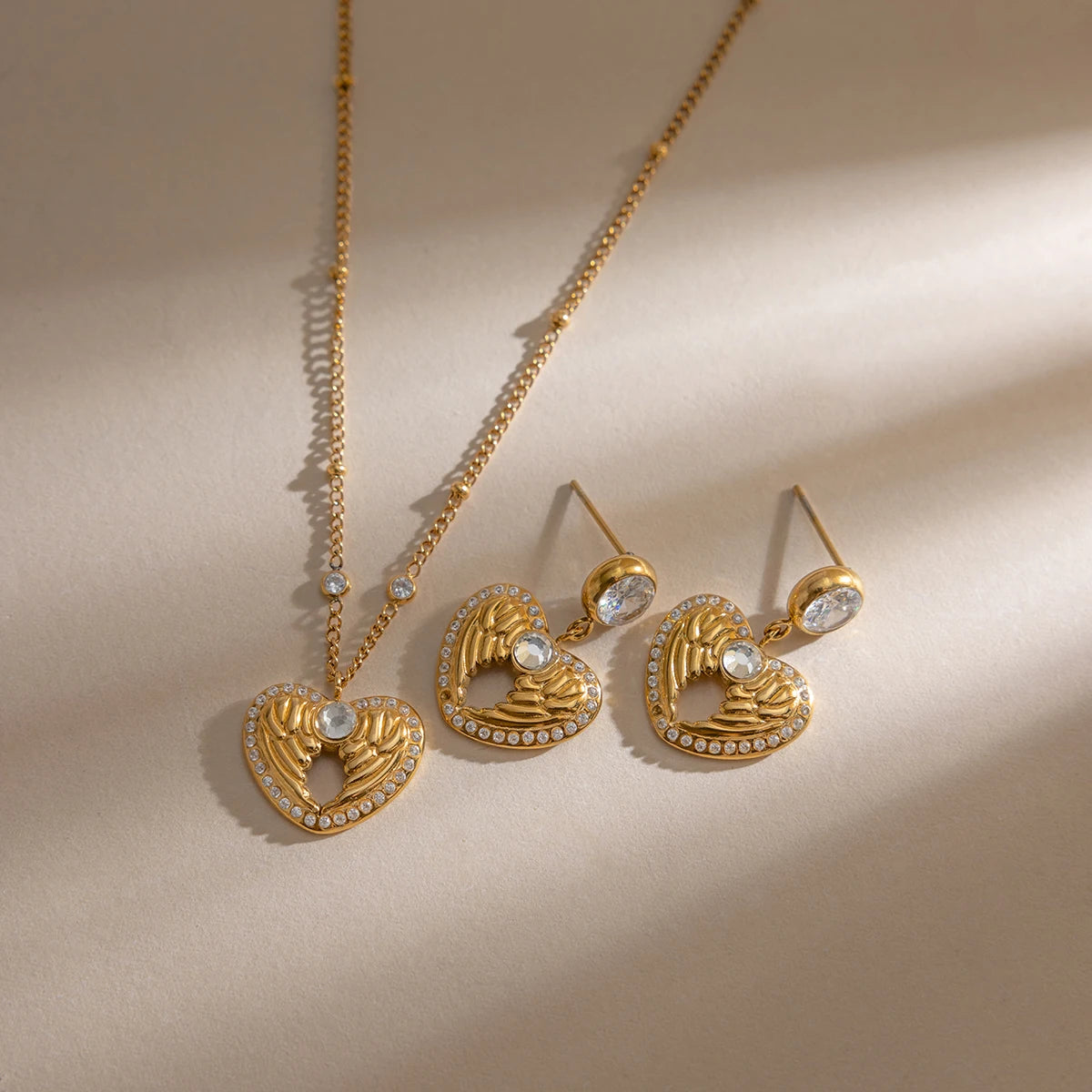 18K Gold-Plated Angel Wing Heart Necklace & Earrings Set | Romantic Jewelry Set