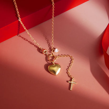18K Vergulde Hart & Kruis Lariat Y-Ketting | Waterdichte Opgezwollen Hart & Pavé Kruis Hanger Halsketting | Verfijnde Spirituele Gouden Ketting