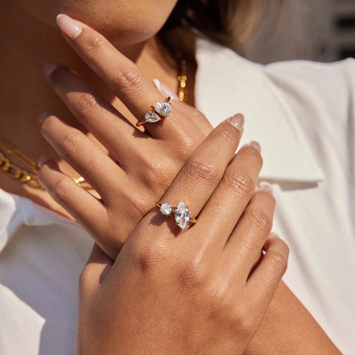 18K Gold Plated Double Stone CZ Open Ring | Waterproof Toi et Moi Ring | Round, Marquise & Pear Cut Diamond Style Ring