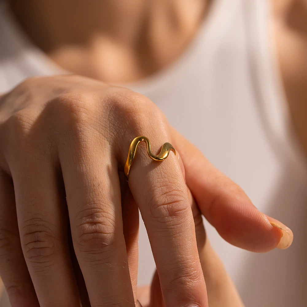 Chunky Wavy Contour Ring | 18K Gold Plated Molten Adjustable Band | Organic Waterproof Stainless Steel Statement Jewelry