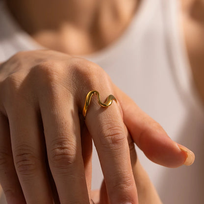 Chunky Wavy Contour Ring | 18K Gold Plated Molten Adjustable Band | Organic Waterproof Stainless Steel Statement Jewelry