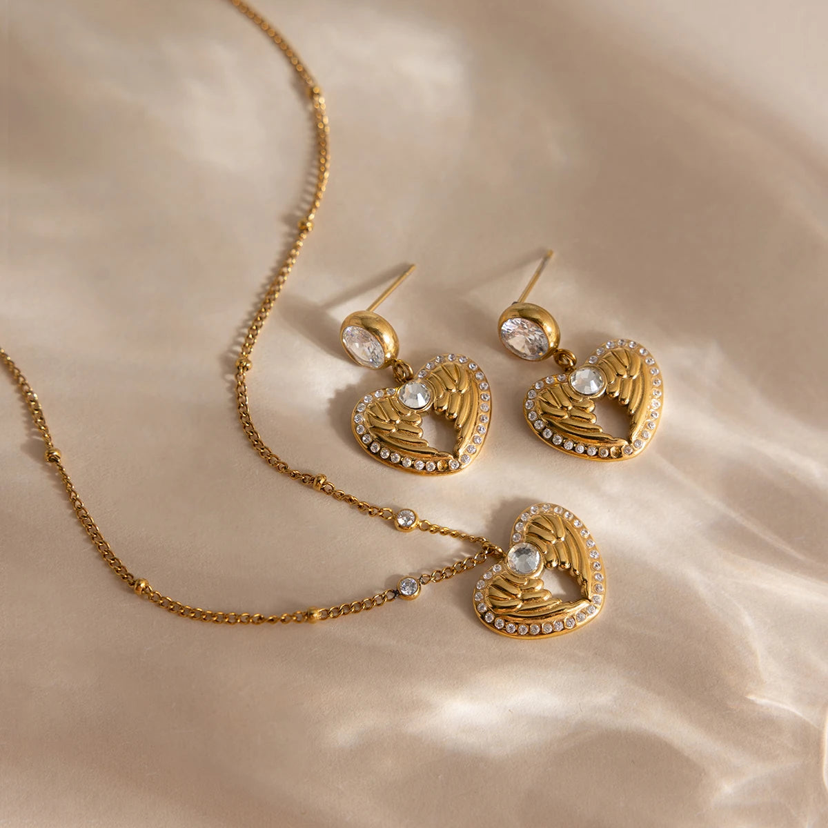 18K Gold-Plated Angel Wing Heart Necklace & Earrings Set | Romantic Jewelry Set