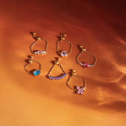 18K Verguld Kleurrijk Kristal Verstelbare Kettingring | Waterdichte Fijn Gouden Kettingring | 6 Stijlen — Blauw, Lavendel, Roze, Vlinder & Multi-Stone