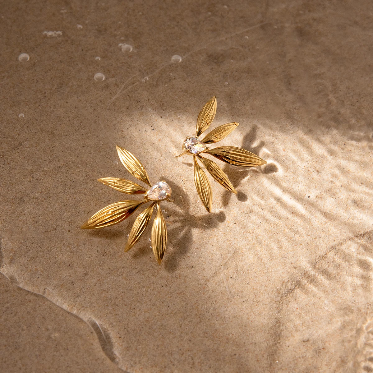 18K Gold Plated Leaf Stud Earrings for Women – Waterproof Tarnish Free Stainless Steel Crystal Jewellery