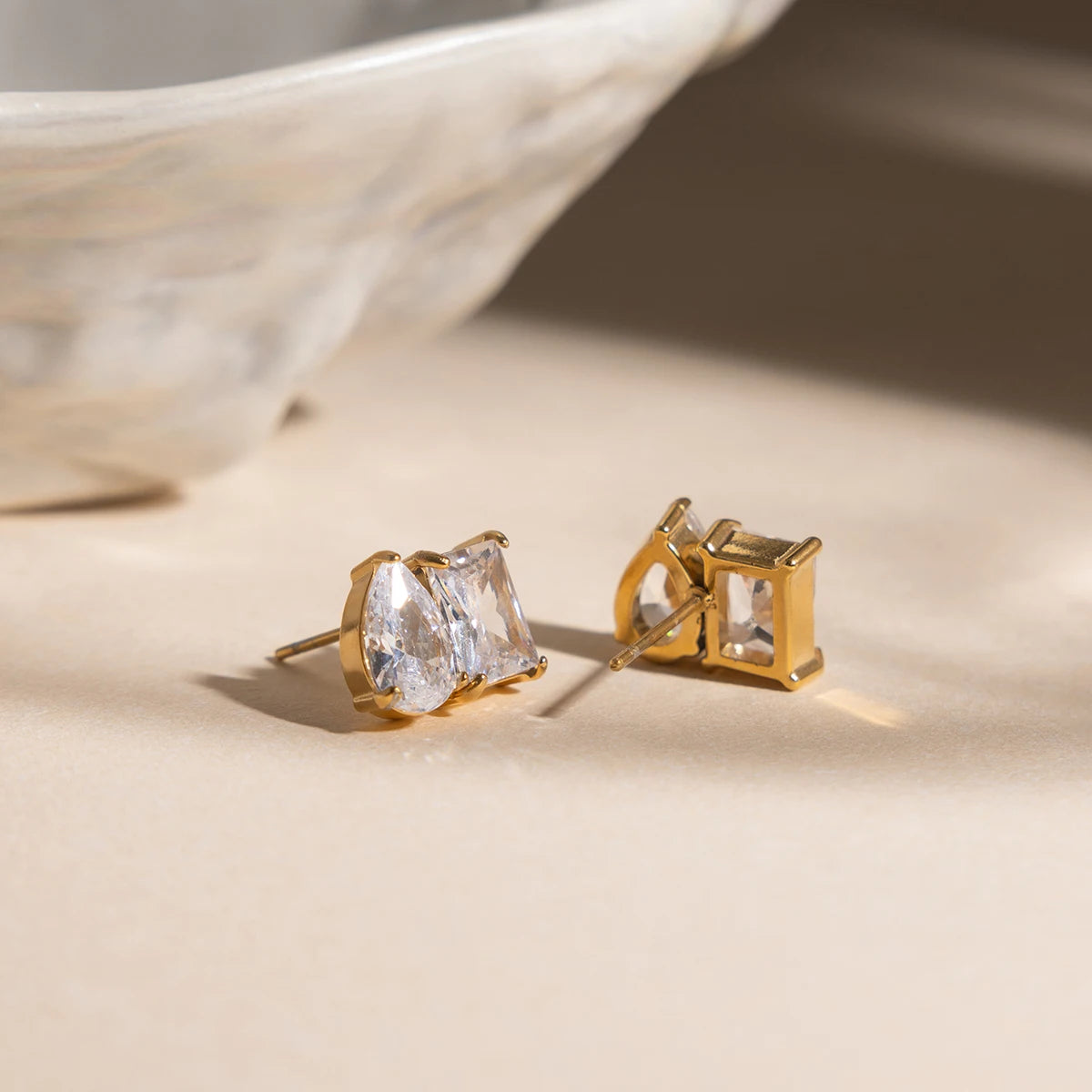 18K Gold Plated Double Stone CZ Stud Earrings | Waterproof Pear & Princess Cut Crystal Earrings | Diamond Style Toi et Moi Stud Earrings