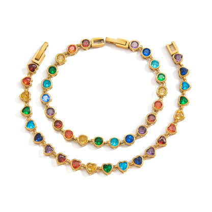 18K Gold Plated Rainbow Multicolour Crystal Tennis Bracelet | Waterproof Bezel Set Colourful CZ Bracelet | Available in Round & Heart Cut Stones