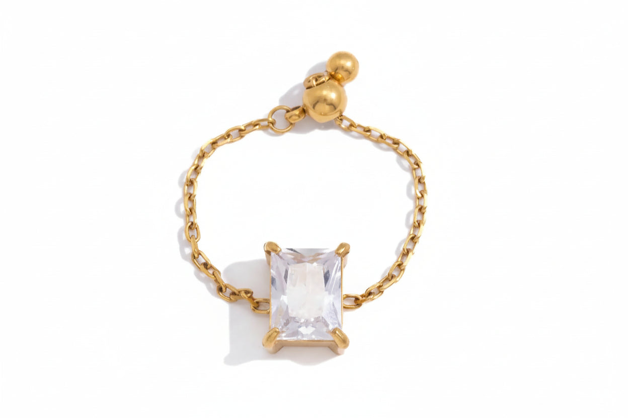 18K Gold Plated Adjustable Chain Ring with CZ Stone | Waterproof Dainty Gold Chain Ring | 6 Styles — Round, Heart, Square, Oval, Teardrop & Flower