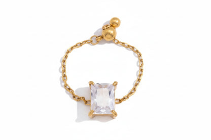 18K Gold Plated Adjustable Chain Ring with CZ Stone | Waterproof Dainty Gold Chain Ring | 6 Styles — Round, Heart, Square, Oval, Teardrop & Flower